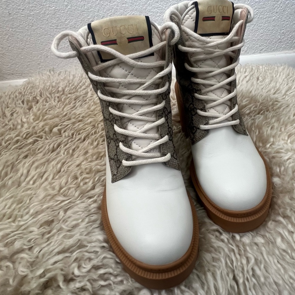 Gucci GG Canvas Quilted Leather Platform Boots – Ivory/Tan - Picture 7 of 16
